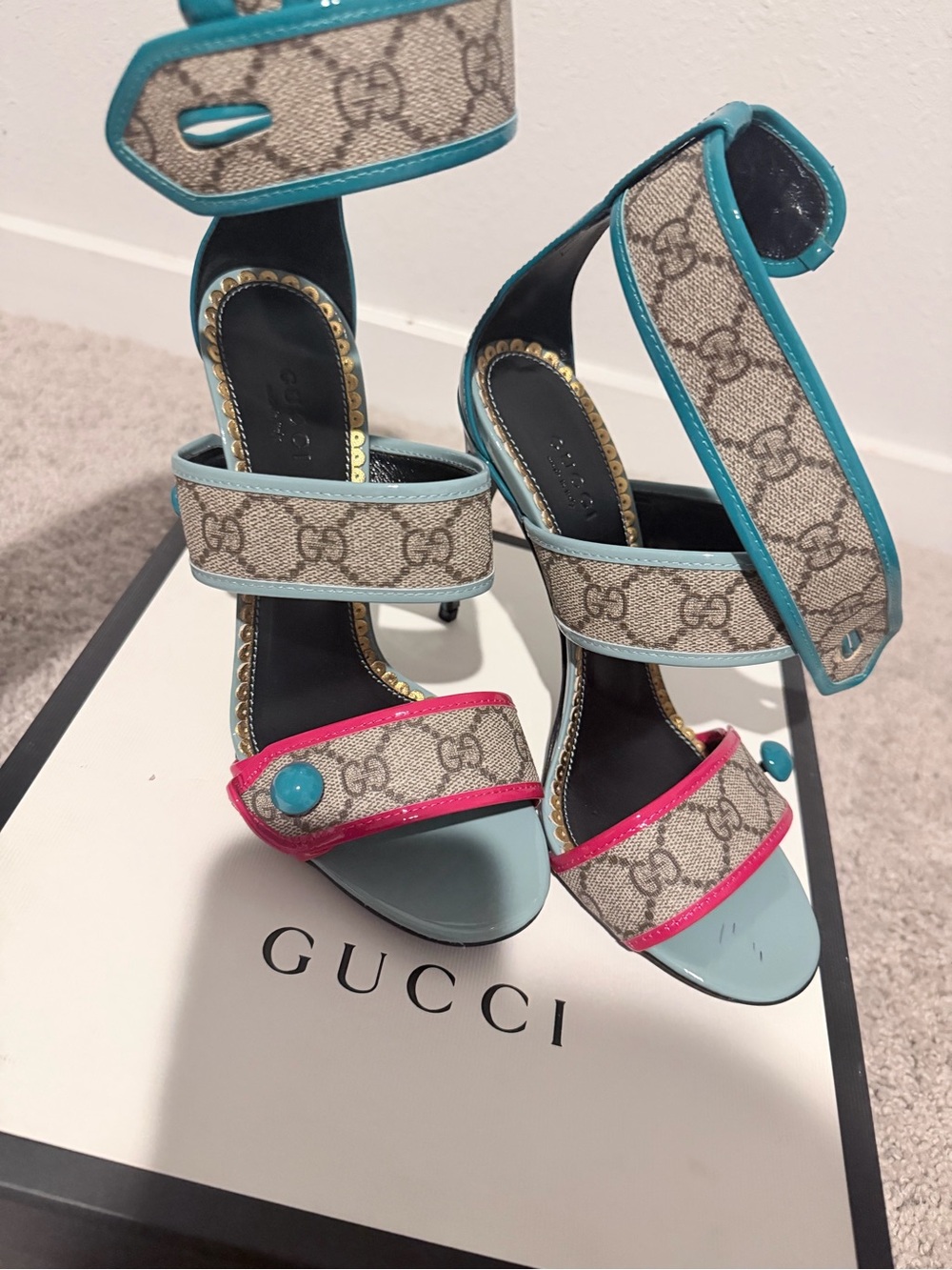 Gucci GG Monogram Multicolor Strappy High Heel Sandals Turquoise Pink Size 38